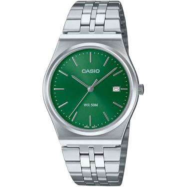 Imagem de Casio MTP-B145D-3AV Relógio analógico masculino vintage de aço inoxidável com mostrador verde com 3 ponteiros, Prata, Casual