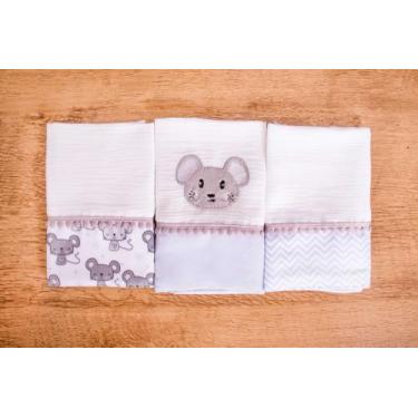Imagem de Kit 3 Peças Fralda De Boca Para Bebê - Miguel Baby, Ratinho Cinza