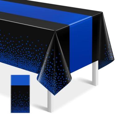 Imagem de MASHAN 1 toalha de mesa preta e azul para decoração de festa, toalha de mesa preta de plástico impressa, azul, capa retangular descartável para aniversário, casamento, aniversário, festa de formatura