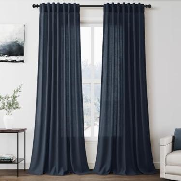 Imagem de Cortinas de linho azul vintage extralongas 300 cm para sala de estar, conjunto com 2 painéis, bolso para varão, filtro de luz, semitransparente, de linho macio, cortinas de janela de privacidade para