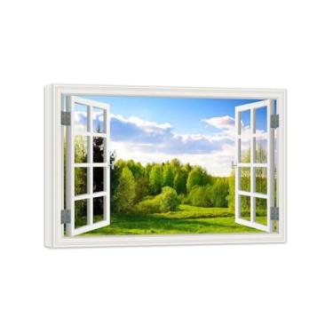 Imagem de Vista da Janela Paisagem Pintura em Tela-Nuvens árvore florestal-Impressão Lona Arte Parede Natural-Decoração Sala Estar 50x70cm Tela Embrulhada