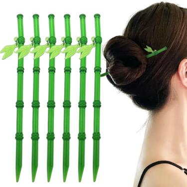 Imagem de 6 peças de palitos de cabelo de folha de bambu verde pinos de resina para pãezinhos vintage pauzinhos de cabelo para mulheres meninas grampo de cabelo japonês