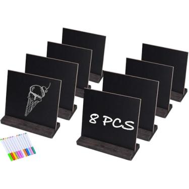 Imagem de Placas de quadro-negro para mesa, TAKSDAI 12,7 cm × 15,24 cm Mini placa de mensagem base de madeira estilo vintage quadro-negro com suporte, conjunto de 8