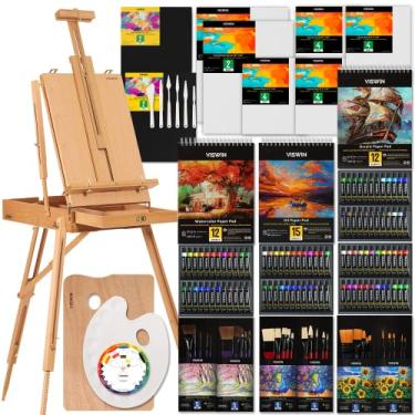 Imagem de VISWIN Conjunto de pintura multifuncional de 151 peças, kit de pintura de arte com cavalete estilo francês, 48 cores de tintas acrílicas, 24 cores de tintas a óleo e aquarela e assim por diante, para adultos, estudantes, iniciantes e artistas