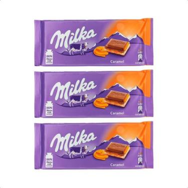 Imagem de 3 barras de chocolate milka com recheio de creme e caramelo