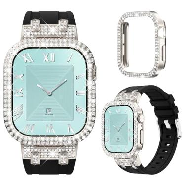 Imagem de NewWays Pulseira feminina de silicone para Apple Watch Série 10 Série 10 de 42 mm, design de luxo, diamantes brilhantes de 2 fileiras com adaptadores de metal para S10 iWatch