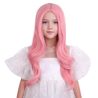 Imagem de Edivd Peruca Infantil Rosa Claro Para Meninas, Longa, Ondulada, Cacheada, Infantil, Parte Do Meio, Sintética Resistente Ao Calor Com Touca