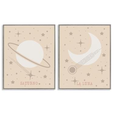 Imagem de Stupell Industries Conjunto de arte giclée minimalista de Saturno e Lua 2 peças cinza emoldurado por Daniela Santiago, 28 x 35 cm