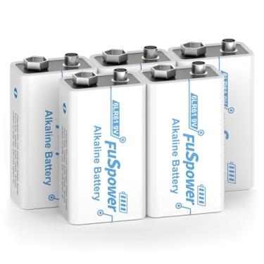 Imagem de Fuspower Pilhas 9V alcalinas de 9 volts 6LR61 com potência de longa duração 10 anos de vida útil para detectores de fumaça microfones captadores de guitarra pacote com 5