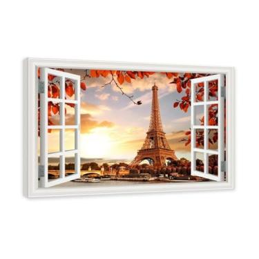 Imagem de Janela de arte de parede com impressão em tela. Visualização de janela falsa. Impressão de imagem natural em tela. Arte de cenário para decoração de sala de estar. (Vista da Torre Eiffel de Paris 14