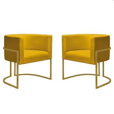 Imagem de Kit 2 Poltronas Reforçadas Decorativa Sala Nayara Base Ferro Dourado Suede Amarela