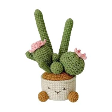 Imagem de WeiLaiKeQi Pequenas plantas em vasos de crochê, plantas artificiais, falsas fofas, flores de tricô feitas à mão para decoração de prateleiras de home office, Flor Rosa