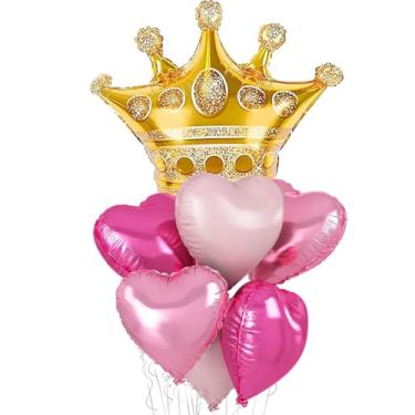 Imagem de Froova Balão rosa misto de coração e coroa, balões dourados de folha grande com rosa pastel rosa quente em forma de coração conjunto de balões Mylar para meninas princesa rainha decoração de festa