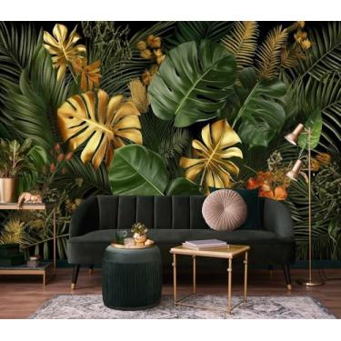 Imagem de Papel de parede dourado e verde de peônias tropicais e folhas de palmeira. Mural minimalista de parede abstrato de verão, mural de decoração de parede grande