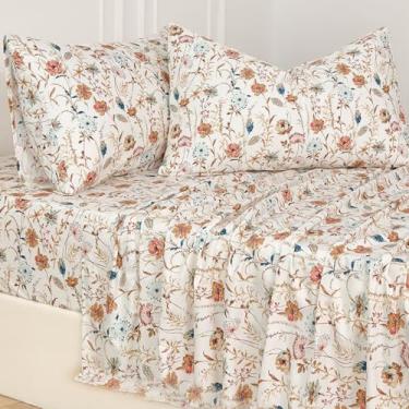 Imagem de Zusbest Conjunto de lençóis de casal 100% algodão percal - Roupa de cama com estampa botânica floral Boho com bolso profundo de 43 cm, design vintage laranja queimado e azul-petróleo, lençóis macios e