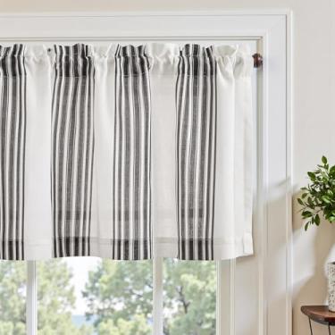 Imagem de jinchan Cortina listrada de linho, saia listrada vertical de 40,6 cm para cozinha, banheiro, filtro de luz, bolso para varão Cottagecore Farmhouse, semitransparente, cortina de janela curta, 1 painel