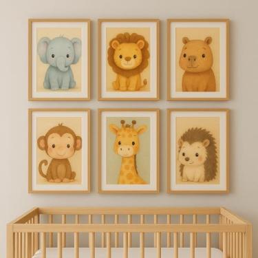 Imagem de Kit 6 Quadros 20x30 Animais para Quarto Infantil com Moldura – Safari Fofo – Decoração Menino e Menina