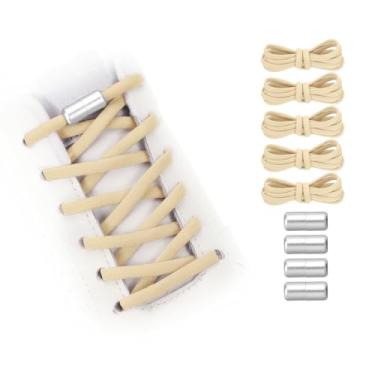 Imagem de YELARXI Cadarços elásticos sem laço de substituição, 99 cm com 4 fechaduras de metal e fivelas prateadas adequadas para adultos tênis de lona (5 peças, cáqui), Cáqui, prata, 39 inch