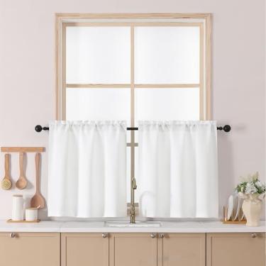 Imagem de Chyhomenyc Cortinas brancas de cozinha de 61 cm de comprimento, cortina de café pequena texturizada de linho sintético com filtro de luz, cortina de janela curta com bolso para varão para armário