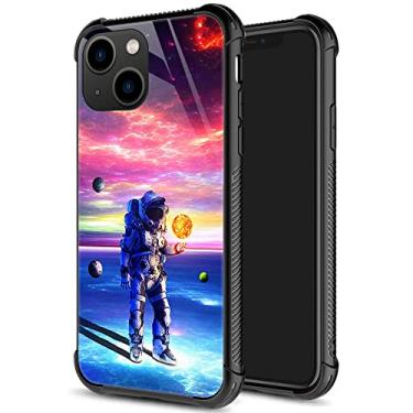 Imagem de Capa compatível com iPhone 14 Plus, capas para iPhone 14 Plus de astronauta planetário para homens e meninos, design padrão à prova de choque, capa de vidro orgânico antiarranhões para Apple iPhone 14 Plus de 6,7 polegadas