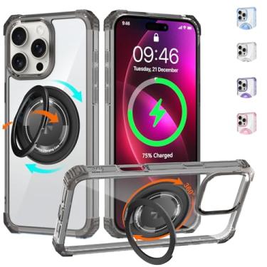 Imagem de WPCase Capa transparente para iPhone 16 Pro Max com suporte [compatível com MagSafe], capa resistente de grau militar com suporte magnético giratório 360 para mulheres e homens, preto transparente