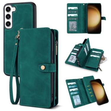 Imagem de TwoHead Capa carteira para Samsung Galaxy S23 Plus com suporte para cartão, capa magnética destacável para Galaxy S23 Plus, capa protetora completa de couro PU com alça (16,8 cm, verde)