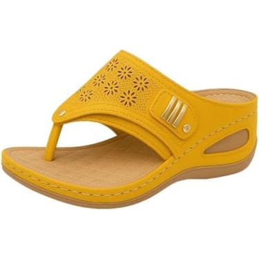 Imagem de Sandálias femininas casuais com suporte de arco e fivela e tira de fivela, chinelos femininos para verão, praia, banheiro, sapatos de couro à prova d'água, Amarelo, 37