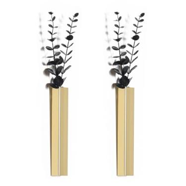 Imagem de Pretty Jolly Vaso de metal de eucalipto para decoração de parede moderno, boêmio, escultura de parede interna de flores artificiais para sala de estar, quarto, conjunto de 2 dourados