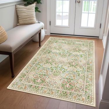 Imagem de Othilic Tapete de entrada floral verde claro - Tapete de área de quarto lavável macio 7,5 x 12,7 cm, antiderrapante, bege, vintage, boho, botânico, tapete para decoração de sala de estar, entrada