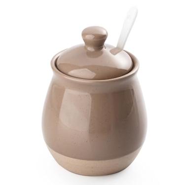 Imagem de famiware Açucareiro Milkyway com tampa e colher, pote de açúcar de cerâmica de 293 ml/dispensador para sal, condimentos, temperos, recipiente de açúcar para café, cozinha e bancada, marrom canela