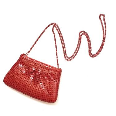 Imagem de Mini bolsa transversal vintage para mulheres – Porta-moedas e cartões de malha de metal brilhante com corrente, bolsa pequena para noite, Vermelho, Mini