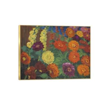 Imagem de Pintura de arte de parede - Zinnias e Hollyhocks-Famous Canvas Prints Ready to Hang-Canvas Picture Reprodutions-Art Poster for Living Room 40x50cm16x20inches Golden Frame