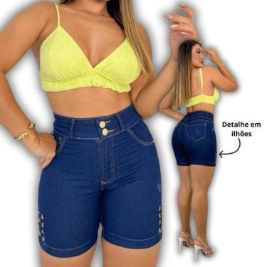 Imagem de Short Jeans Feminino Cintura Alta Com Lycra Shorts Empina Bumbum Destr