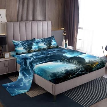 Imagem de Manfei Jogo de lençol solteiro infantil Tornado, relâmpago, desastre natural, rústico, para meninos e meninas, nuvem, vento, natureza, azul, retrô, 3 peças (lençol com elástico + 1 fronha)