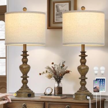 Imagem de Conjunto de 2 candeeiros de mesa vintage de 68,5 cm, candeeiro de cabeceira de resina de fazenda com portas USB C + A e tomada CA, lâmpadas de controle de toque reguláveis de 3 vias para sala de estar