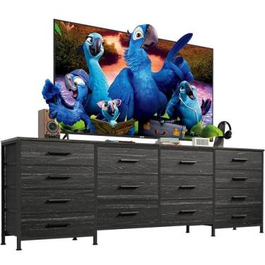 Imagem de EKNKOZY Suporte de TV com 14 gavetas, cômoda longa para TV de até 180 cm, cômoda larga de tecido para quarto, suporte de TV para centro de entretenimento com gavetas profundas (160 cm, preto)