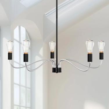 Imagem de XCOFZOB Lustre industrial, luminária de teto de montagem embutida com 5 luzes, lustre moderno ajustável para sala de jantar sobre mesa, luminária pendente ajustável de altura para cozinha, ilha, sala