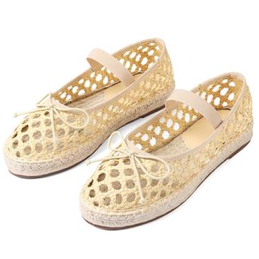 Imagem de AMINUGAL Sapatilhas De Ráfia Femininas - Alpargatas Mary Jane Com Plataforma E Bico Redondo Malha Elástica, Confortáveis, Bailarina Para Ocasiões Elegantes, Tamanho 9