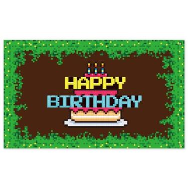 Imagem de SAVITA Grande Pixel Pano Fundo Feliz Aniversário, Poliéster Pano de Fundo Foto Videogame Reutilizável Tema de Jogo Background Foto para Decoração Festa Suprimentos Mesa Bolo