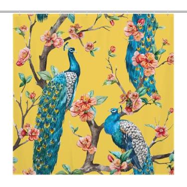 Imagem de Cortina de chuveiro 182 x 182 cm, pavão na árvore, flor de cerejeira, amarelo, colorido, pássaro, conjunto de cortina de chuveiro com 12 ganchos, cortina de chuveiro de tecido lavável, cortina de