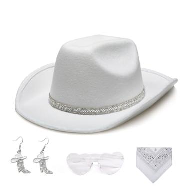 Imagem de SEPTPARTY Conjunto de chapéu de cowboy feminino de feltro sintético com glitter para fantasia de festa ocidental, Camurça branca, One Size-Medium