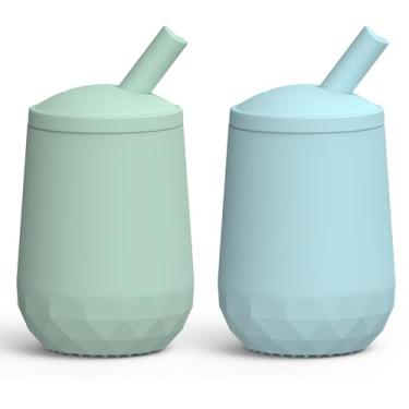 Imagem de Seposeve Pacote com 2 copos de canudo de silicone, à prova de vazamento para bebês a partir de 6 meses, copo infantil à prova de derramamento com canudo de 12 a 24 meses, fácil de segurar, controle de