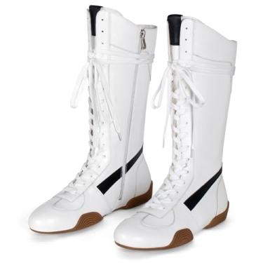 Imagem de Botas femininas de camurça, cadarço, cano alto, boxe - estilo retrô, moda urbana, cano alto, com zíper, sola antiderrapante, preta, Branco, 38