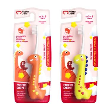 Imagem de MOMODENT Escova de Dente Infantil Dinossauro - Cerdas Super Macias, Cabo Ergonômico, Para Crianças de 3 a 8 Anos, Compacta e Portátil (Laranja+Amarelo(2 unidades))
