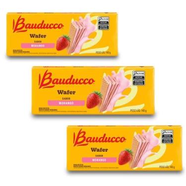 Imagem de Biscoito Wafer Bauducco Morango Kit 3 Pacotes De 140G