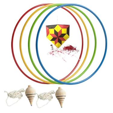 Imagem de Kit Brincadeiras de criança 4 pipas + 4 bamboles + 4 piões - Generica