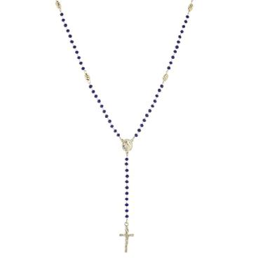 Imagem de HZMAN Colar de contas de oração de acrílico azul banhado a ouro crucifixo virgem maria em forma de Y