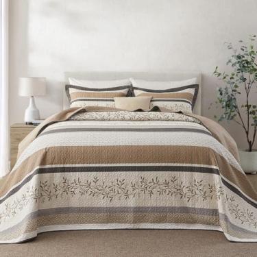 Imagem de FineStichery Colchas King extragrandes 128 x 120, 100% algodão California King, estampa botânica, reversível, leve, conjunto de cama com 2 fronhas, cáqui/bege