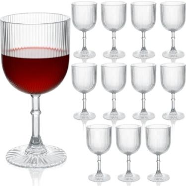 Imagem de LemonRoad 12 peças de copos de vinho de plástico 255 g com nervuras cupê vintage transparentes reutilizáveis copos de água para casamento, bar, festival, grande evento, suprimentos de festa