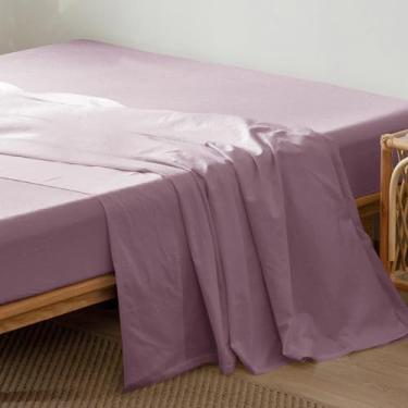 Imagem de MooMee Lençol de cima liso 100% linho de algodão lavado, texturizado, respirável, durável, macio e confortável (roxo claro, Queen)